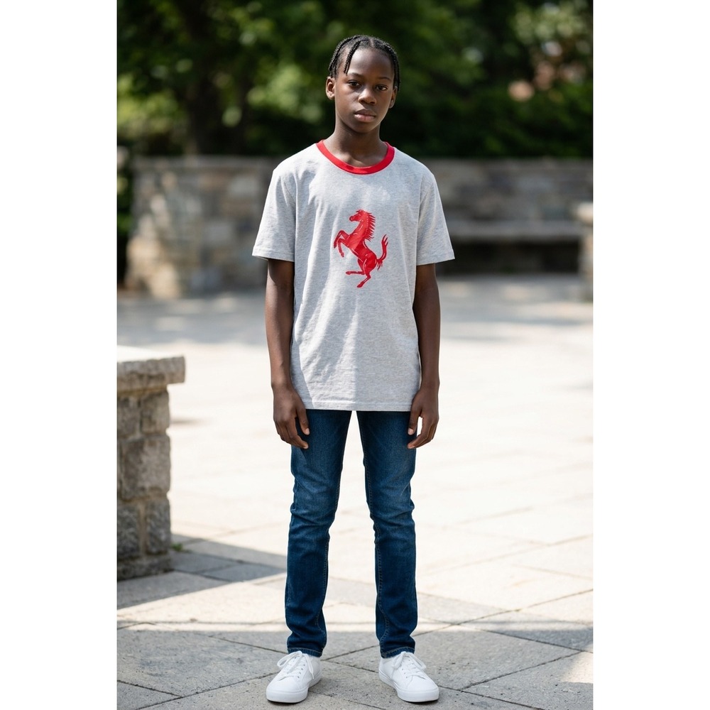 Ferrari Boys Gray Ringer T-Shirt Red Prancing Horse Logo Short Sleeve Tee Size M